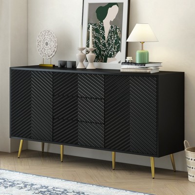 Modern Geometric Sideboard Cabinet with Metal Legs, 3 Drawers & 2 Cabinets for Study/Entryway/Living Room, Black - ModernLuxe