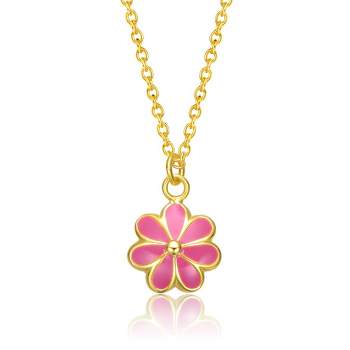 14k Gold Plated Fuchsia-Pink Daisy Flower Drop Charm Necklace