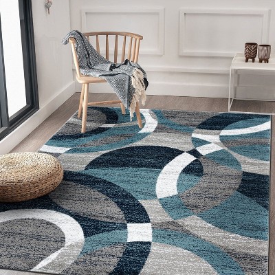 Blue Geometric Circles Stain-Resistant Area Rug 5'3" x 7'3"