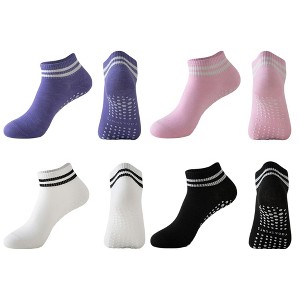 Anna-Kaci 4 Pairs Women's Ankle Grip Yoga Socks Soft Cotton Non-Slip Bottom Striped Cuff - 1 of 4