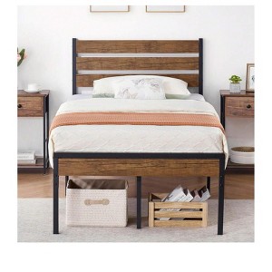 Bed Frame with Rustic Vintage Wood Headboard, Strong Metal Slats Support, Mattress Foundation & Under Bed Storage, Noise-Free, No Box Spring Needed - 1 of 4