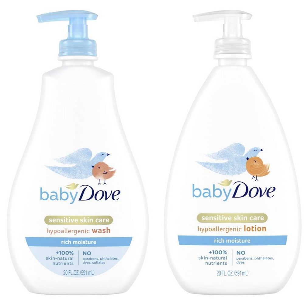 Baby Dove Rich Moisture Sensitive Skin Scented Hypoallergenic Lotion 20 fl oz + 20 fl oz Baby Wash & Shampoo