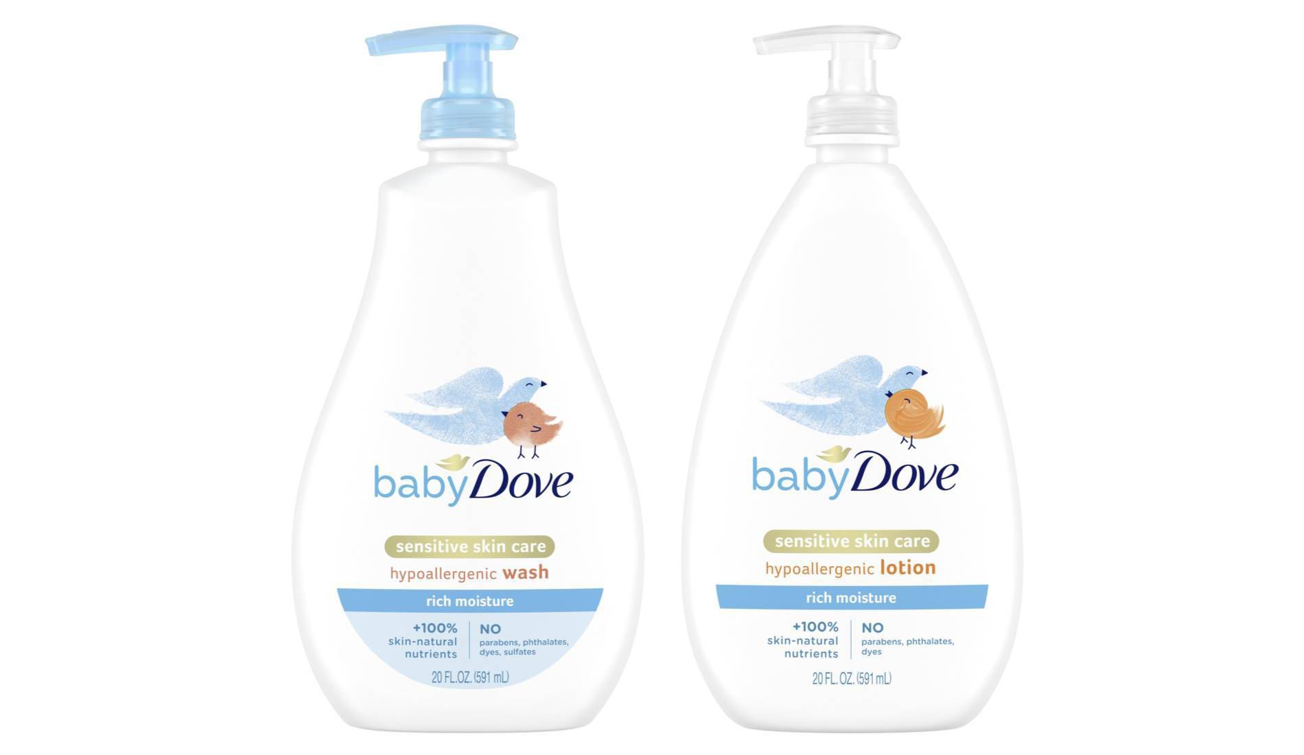 Baby Dove Rich Moisture Sensitive Skin Scented Hypoallergenic Lotion 20 fl oz + 20 fl oz Baby Wash & Shampoo