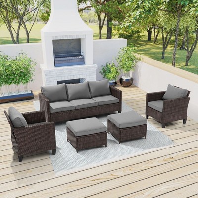 Sonkuki 5-Piece Patio Conversation Sofa Set Brown Rattan with Widen Armrest