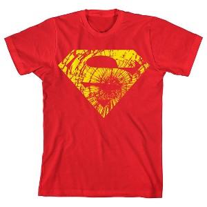 Superman Distressed Yellow Logo Boy's Red T-shirt - 1 of 1