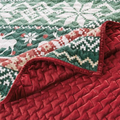Fair Isle Red and Green Reversible Twin Microfiber Quilt Set