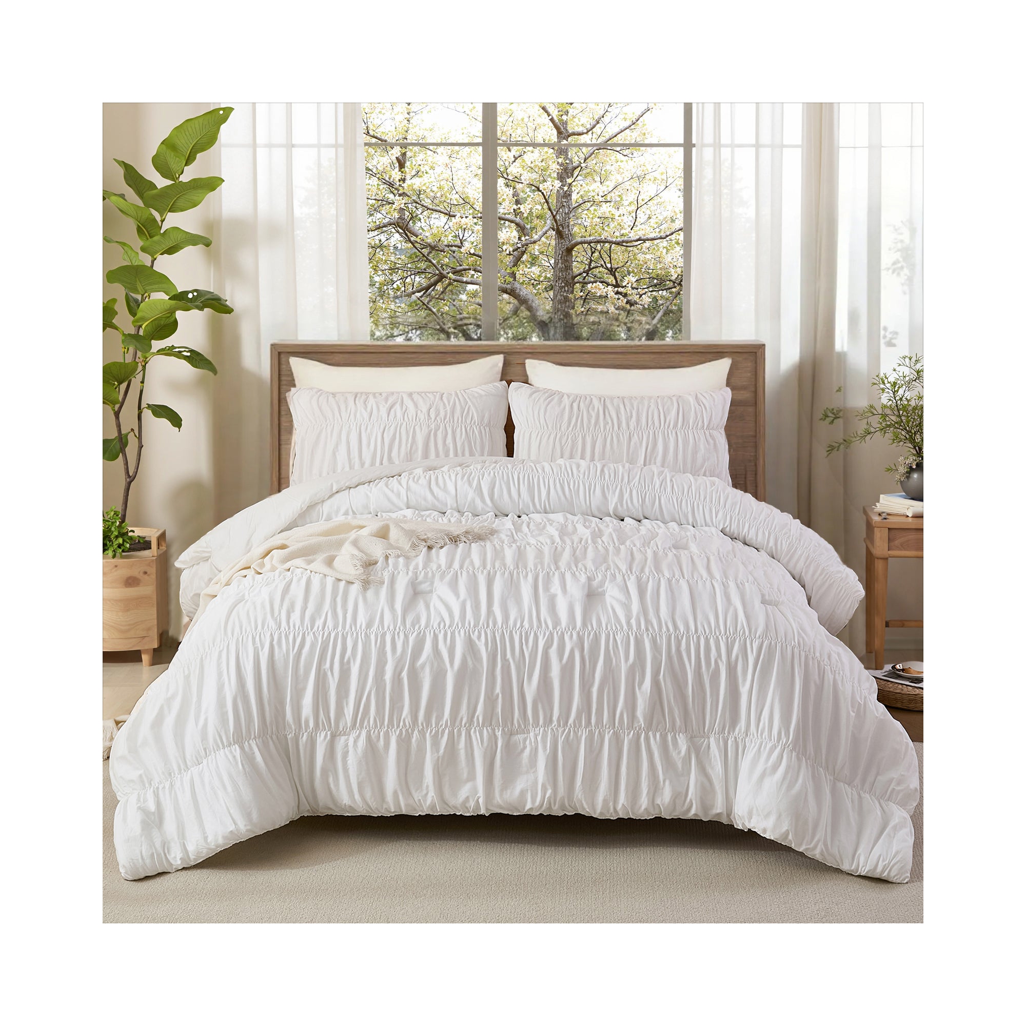 Boho Ruched Comforter Set – 100% Cotton Ruffle Bedding, Soft Durable Fluffy Quilt 3-Piece, Vintage Chic Bedroom Decor, King/Queen Options White Queen