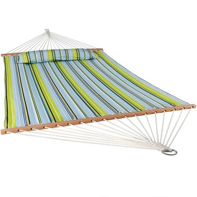 Sunnydaze Heavy Duty Quilted Fabric Hammock Two-Person with Spreader Bars - 450 lb Weight Capacity - Blue and Green