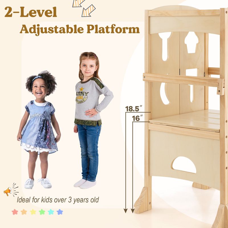 Costway Folding Kitchen Kids Step Ladder Stool Wooden Toddler Safety Tower Helper Coffee/White, 5 of 11