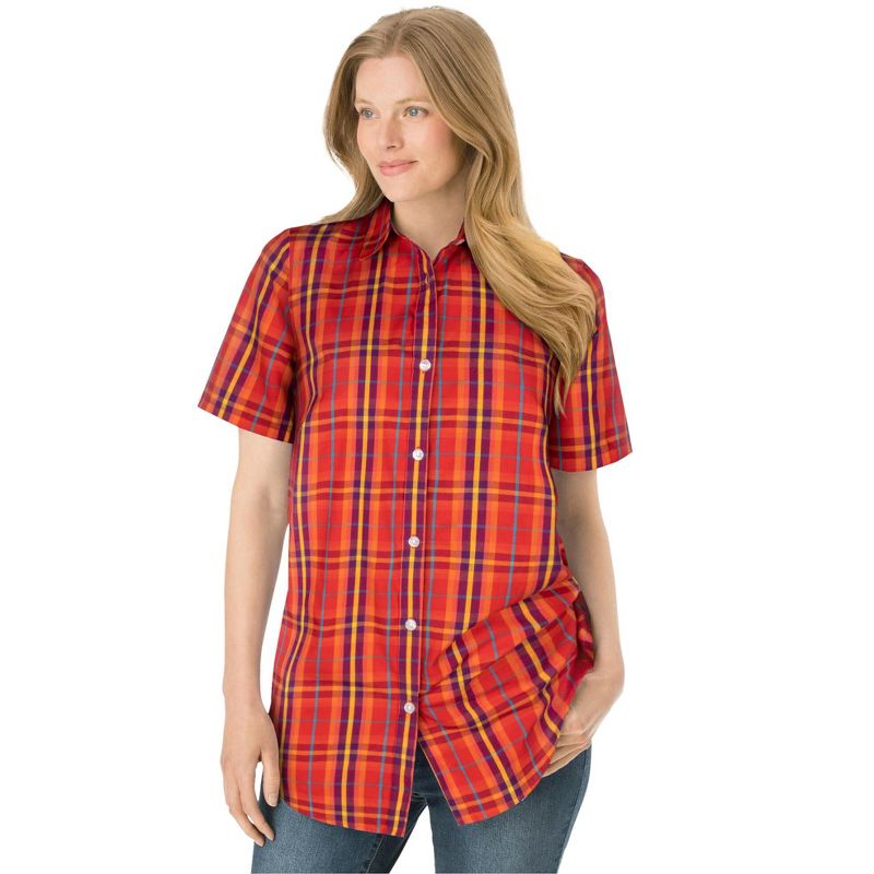 Woman Within Plus Size Perfect Short Sleeve Button-Down Shirt Oversized Tunic Blouse, 1 of 2