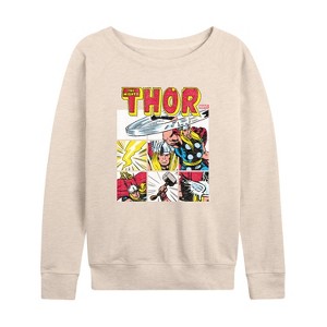 Women's - Marvel - Thor Comic Book Grid Lightweight French Terry Wide Neck Long Sleeve Shirt - 1 of 4