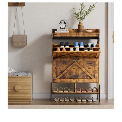 Shoe Organizer Cabinet with 2 Drawers - Freestanding Narrow Design for Entryway - Hidden Storage with Metal Legs
