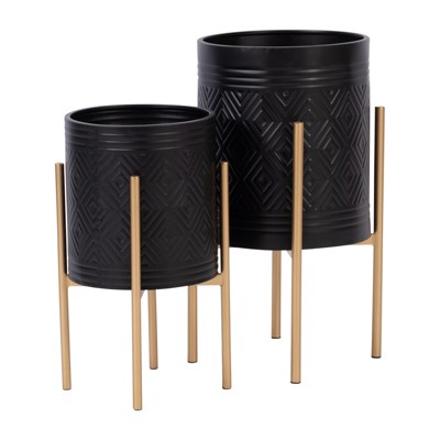 VisioGear 2PCS Planter with Metal Stand, Plant Pots for Hall, Living Room, Black & Gold, 14"*14"*23"