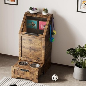 Flip Top Dog Food Storage Container, Wood Pet Storage Cabinet with 2 Pull-Out Elevated Dog Bowls - 1 of 4