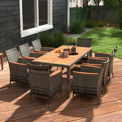 9-Piece Acacia Wood and Rattan Outdoor Dining Set with Cushions