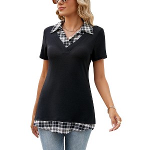 Clearlove Women's Long Sleeve Contrast Collared Shirts Patchwork Work Blouse Tunics Tops - 1 of 4