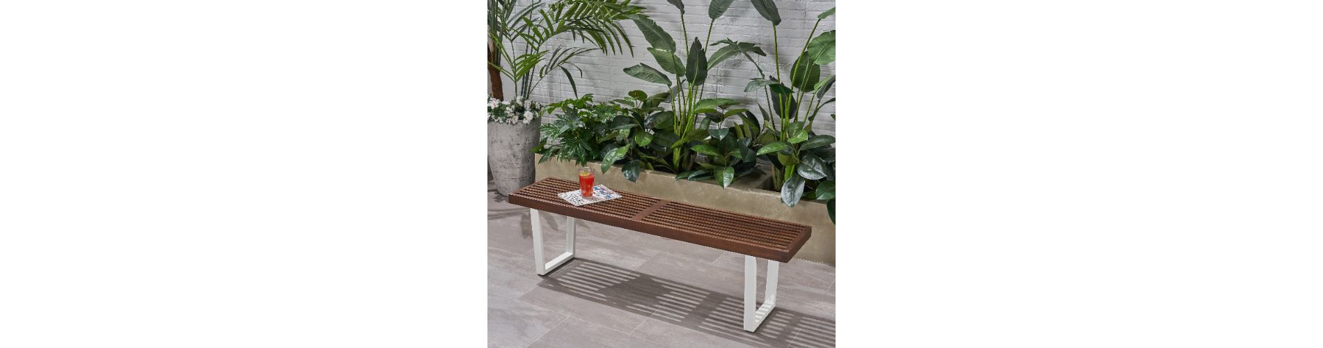 Lyngins Modern Rustic Outdoor Bench, Acacia Wood Outdoor Dining Bench, Closed White Iron Legs, Slatted Surface, Patio Bench/Garden Bench, Brown