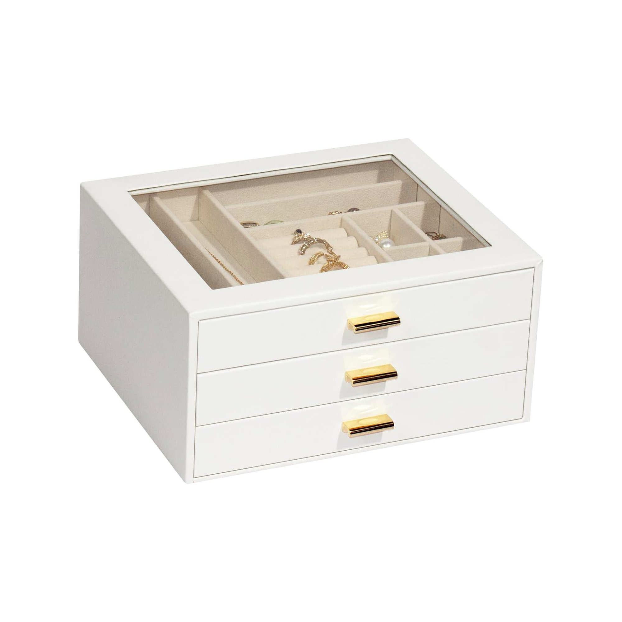 3-Drawer Jewelry Box with Glass Lid, Cloud White Organizer for Rings, Necklaces, Earrings, Interesting Gift White