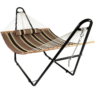 Sunnydaze 2-Person Heavy-Duty Double Quilted Hammock with Multi-Use Universal Steel Stand - 450 lb Weight Capacity - Sandy Beach
