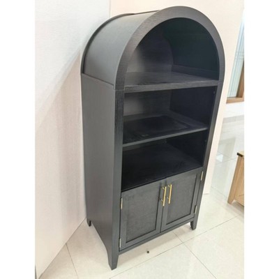 Arched Double Door Bookcase with PVC Rattan Panels, MDF Storage Cabinet with Adjustable Shelves – Cold White Embossed & Natural Rattan