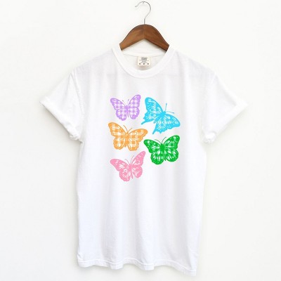 Simply Sage Market Women's Checkered Butterflies Short Sleeve Garment Dyed Tee - S - White