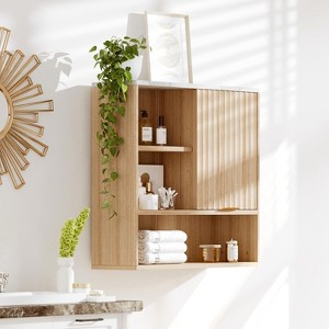 Fluted Medicine Cabinet, Bathroom Wall Mount Cabine Over Toilet Storage with Adjustable Shelf for Laundry Room Kitchen Living Room, Natural Oak - 1 of 4