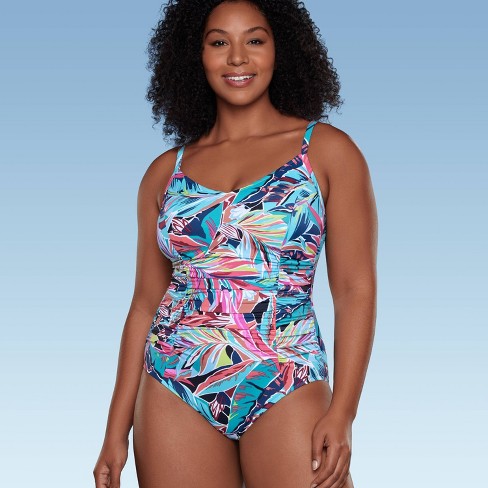 One Piece With Bra Support Tropical Multi-Color Printed Swimsuit Size 3X