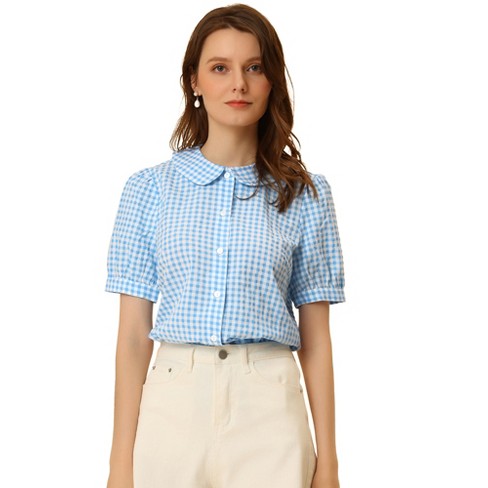 Allegra K Women's Plaid Gingham Puff Short Sleeve Peter Pan Collar Button  Down Shirt Light Blue X-small : Target