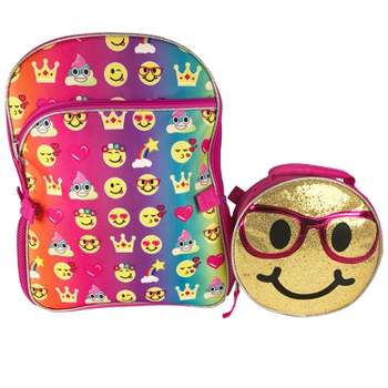 Emojicon 16" Inch Backpack & Lunch Bag Set -  With Gold Sequin Removable Lunchbag