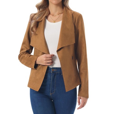 INSPIRE CHIC Women's Faux Suede Fall Winter Long Sleeve Open Front Cropped Jackets Brown X-Large