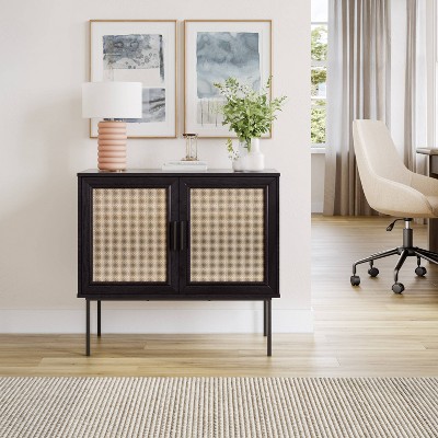 Emmet Black and Natural Wood Sideboard Buffet with Cane Doors