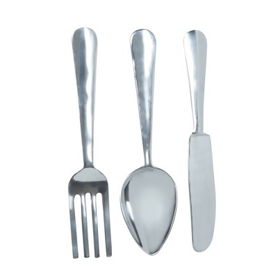 4" x 23" Set of 3 Aluminum Utensils Knife, Spoon and Fork Wall Decors Silver - Olivia & May