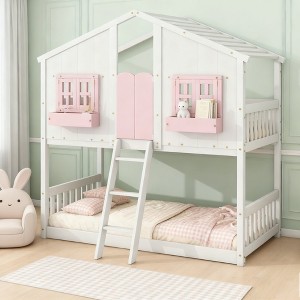 Luxystar Twin over Twin House Bunk Bed with Roof , Window, Window Box, Door, Safety Guardrails and Ladder for Kids’ Room - 1 of 4
