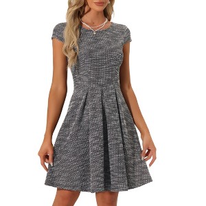 Allegra K Women's Plaid Round Neck Cap Sleeve A-Line Vintage Pleated Dresses - 1 of 4