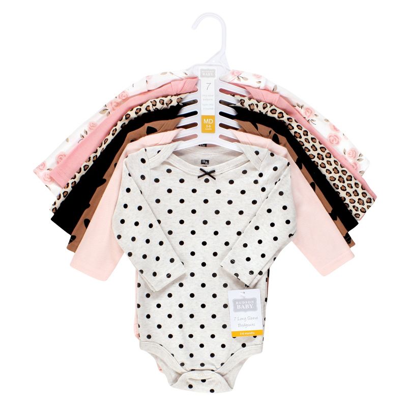 Hudson Baby Infant Girl Cotton Long-Sleeve Bodysuits, Cinnamon Pink Prints 7-Pack, 2 of 10