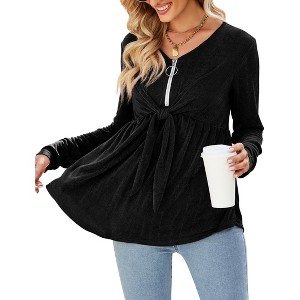 Women's Long Sleeve Front Knot Tops V Neck Ruffle Hem Casual Shirt Zip Up Flowy Blouses - 1 of 4