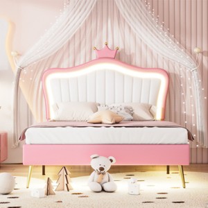 PU Upholstered Princess Bed with Crown Headboard and LED Lights, Adjustable Height Platform Bed for Kids Bedroom-Baofuwish - 1 of 4
