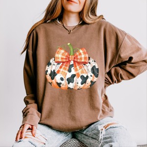 Simply Sage Market Cow Pumpkin Coquette Distressed Lightweight Garment Dyed Sweatshirt - 1 of 4