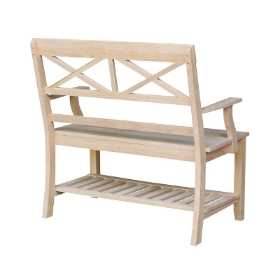 Unfinished Parawood Double X-Back Bench with Storage Shelf