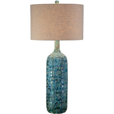 Possini Euro Design Mid Century Modern Table Lamp with Table Top Dimmer Teal Glaze Ceramic Tan Linen Drum for Living Room Bedroom