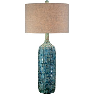 Possini Euro Design Mid Century Modern Table Lamp with Table Top Dimmer 36" Tall Teal Glaze Ceramic Tan Linen Drum for Living Room (Colors May Vary) - 1 of 4