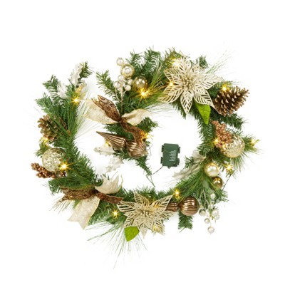 6FT Christmas Garland with 20 LED Lights, Prelit Artificial Christmas Garland, Flowers Pinecones and Balls Ornaments for Indoor Outdoor