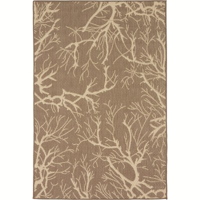 Brown and Beige Abstract Botanical Outdoor Area Rug, 4' x 6'