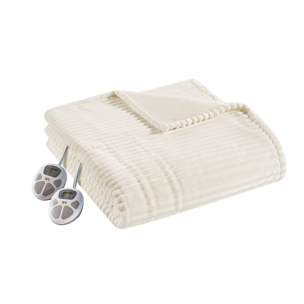 Full Corded Plush Electric Blanket Ivory - Serta: Midweight Polyester, Machine Washable, 5-Year Warranty