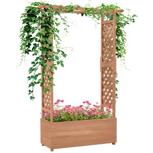 Chic Crate - Arch Trellis Raised Garden Bed with Drainage - 71" Tall Wood Planter for Climbing/Flowering Plants - Backyard & Patio - Rich Brown - 1 of 4