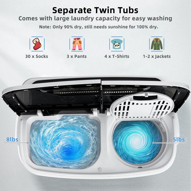 Costway 13lbs Portable Semi-Automatic Twin Tub Wash Machine W/ Built-In Drain Pump Grey\Black, 5 of 12