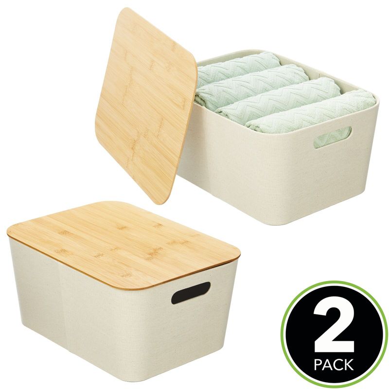 mDesign Modern Stackable Fabric Covered Bin with Bamboo Lid, 2 Pack, 2 of 9