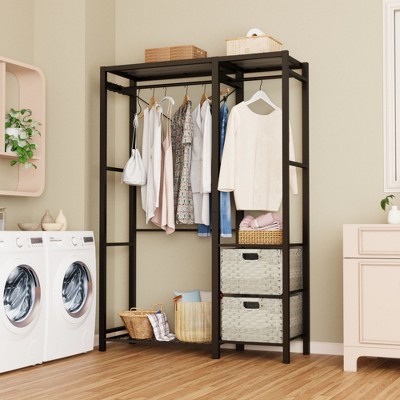 CAVINAS Wood Freestanding Coat Racks with Shelves and 2 Wicker Drawers,Hall Tree with 4 Hooks,Entryway Furniture for Hanging Clothes,Light Gray