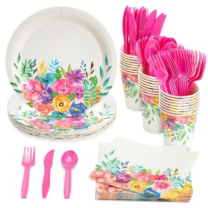 Juvale Juvale 144 Piece Flower Tea Party Supplies, Includes Disposable Floral Paper Plates, Napkins, Cups, Cutlery - 1 of 4