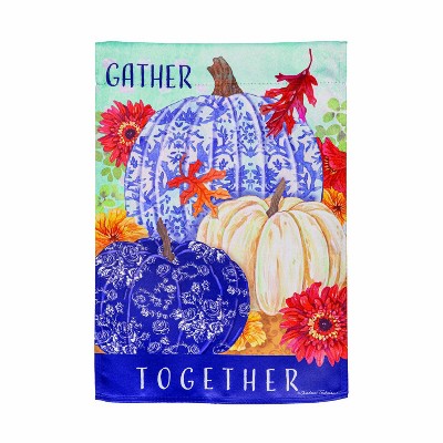 Blue and White Suede Fall Garden Flag with Pumpkins